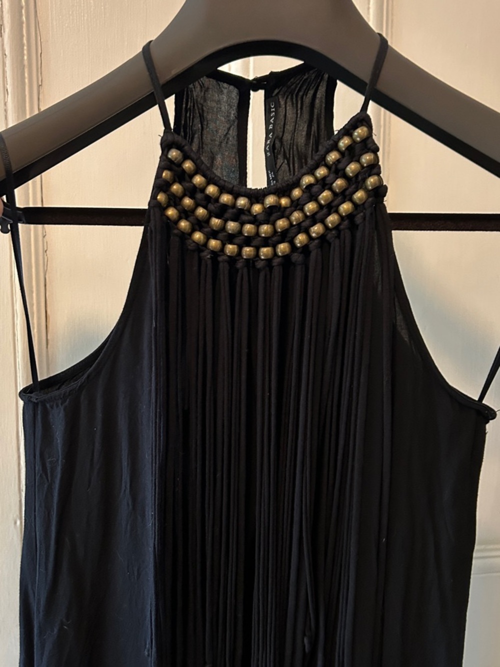 Black Fringe Halter Maxi Dress with Beaded Neckline and Pockets - Picture 6 of 6
